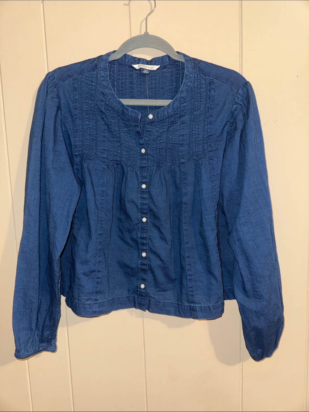 American Eagle Outfitters Indigo Pintuck Button-Front Shirt